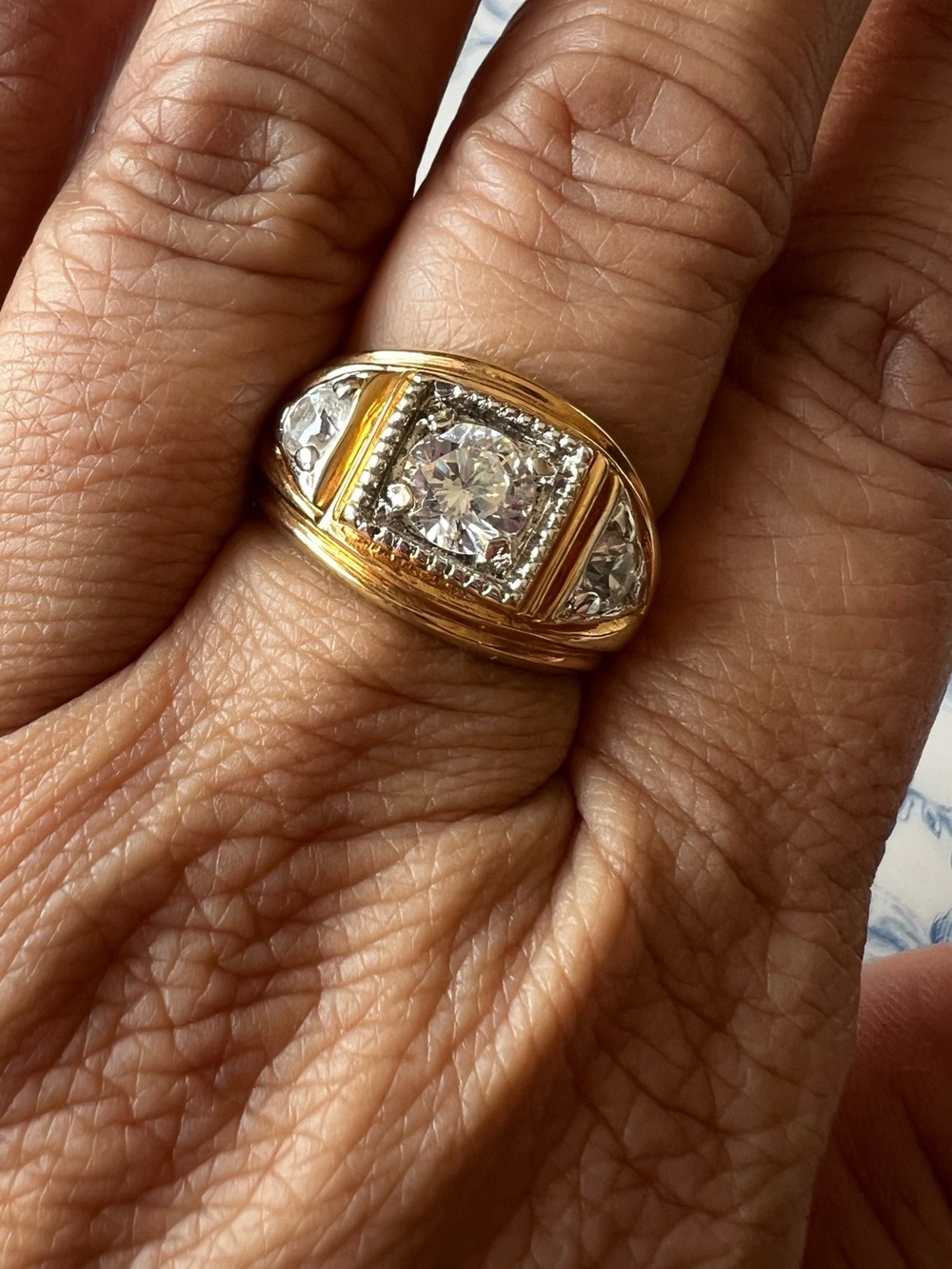 LIND Mens Ring Size 9 Gold Tone CZ Square Halo Ring #900 14KHGE